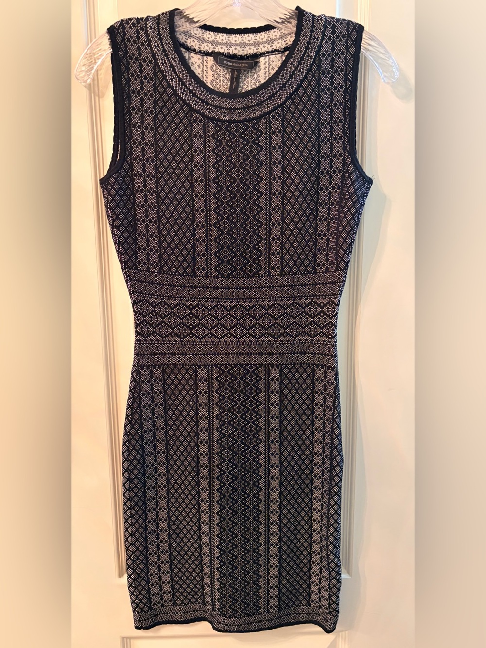 BCBGMaxAzria Black and White Sleeveless Knit Sheath Dress